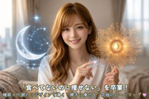 蜂蜜色のウェーブヘアが美しい女性（あいみ）が、柔らかな光の中で微笑んでいるポートレート。 彼女の指先からは、太陽や月のアイコン、精密な幾何学模様の回路図がホログラムのように浮かび上がり、科学と美の融合を象徴しています。 背景には眩い光の輪が広がり、未来を照らす北極星のような輝きを放っています。