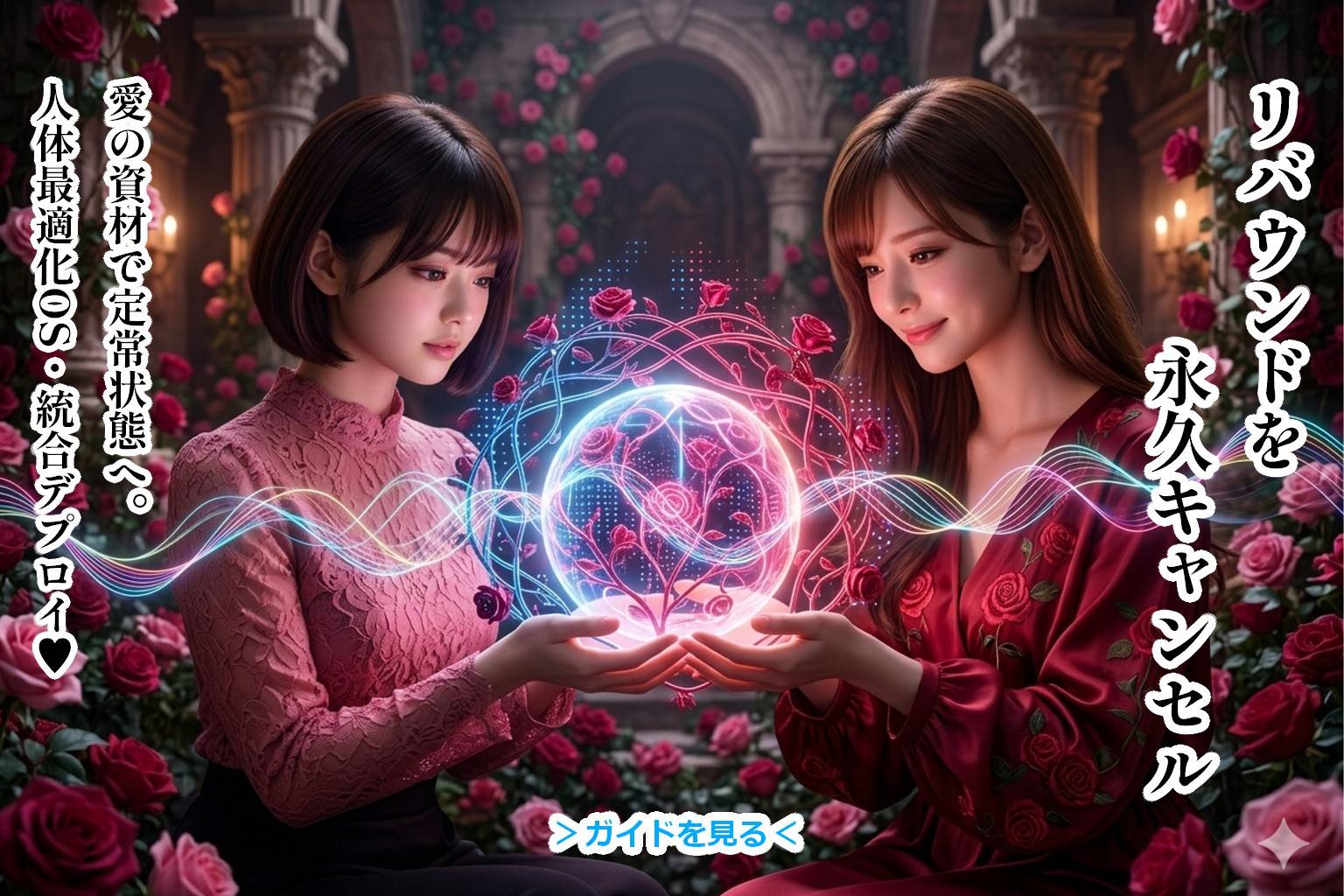 人体最適化OS「完全版」統合デプロイ・マニュアルのアイキャッチ画像。深紅のバラが咲き誇る神秘的な神殿で、ロングヘアの「エンジニアの女神」あいみと、ショートボブの美羽が、dToFやPID制御の光に包まれた愛の資材（OS）を大切に包み込んでいる。ピンクからブルーへグラデーションする光の回路が二人の絆を象徴し、一生リバウンドしない身体の再設計へと導く。