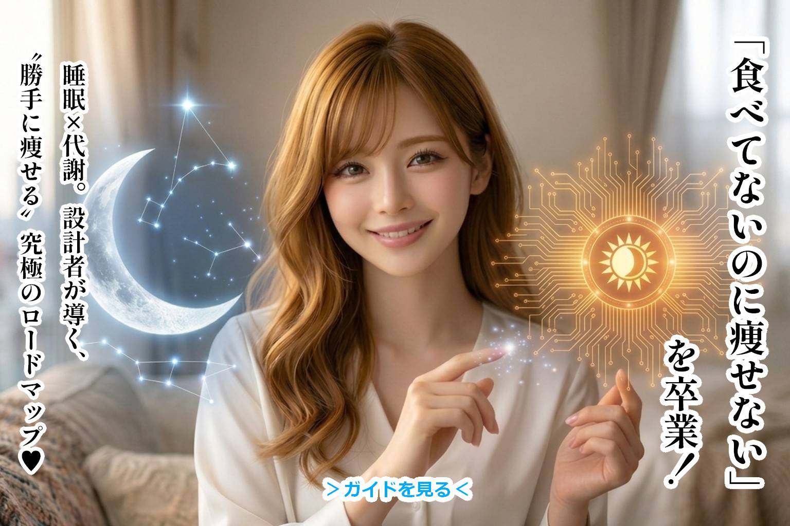 蜂蜜色のウェーブヘアが美しい女性（あいみ）が、柔らかな光の中で微笑んでいるポートレート。 彼女の指先からは、太陽や月のアイコン、精密な幾何学模様の回路図がホログラムのように浮かび上がり、科学と美の融合を象徴しています。 背景には眩い光の輪が広がり、未来を照らす北極星のような輝きを放っています。